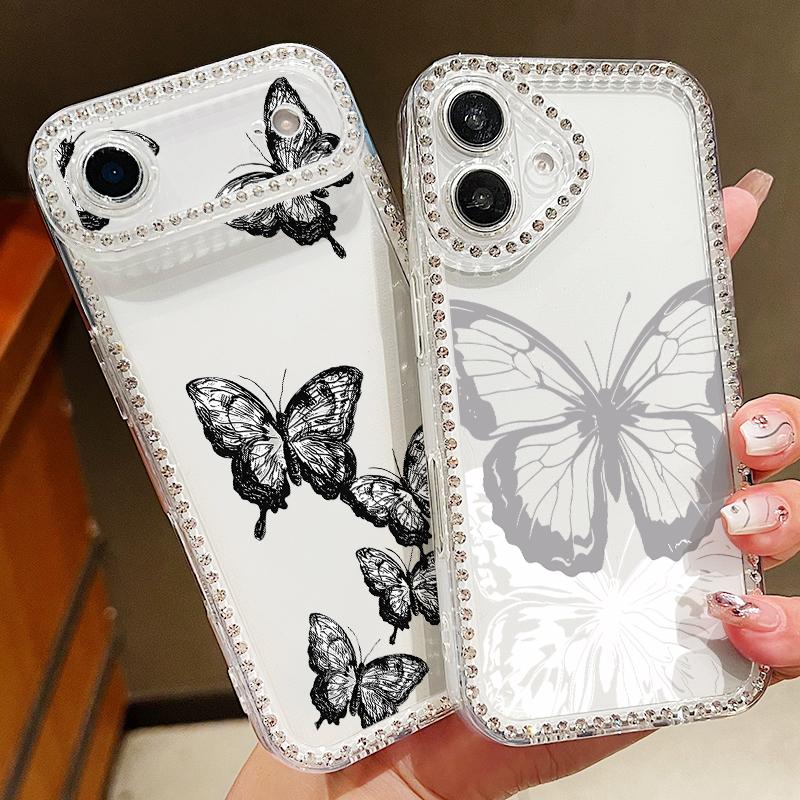 Luxury Bling Diamond TPU Phone Case For iPhone 17 Air 16e 16 14 15 13 17 Pro Max 15 16 Plus 17 Simple Butterfly Print ShockProof Case Cover