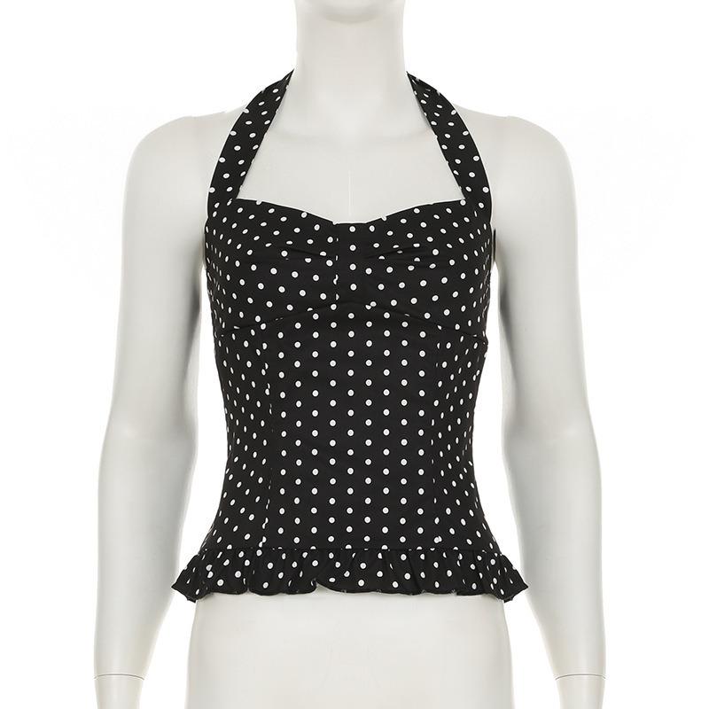 Women Summer Sweetheart Neck Polka Dot Ruffle Hem Slim Fit Sleeveless Camisole Top