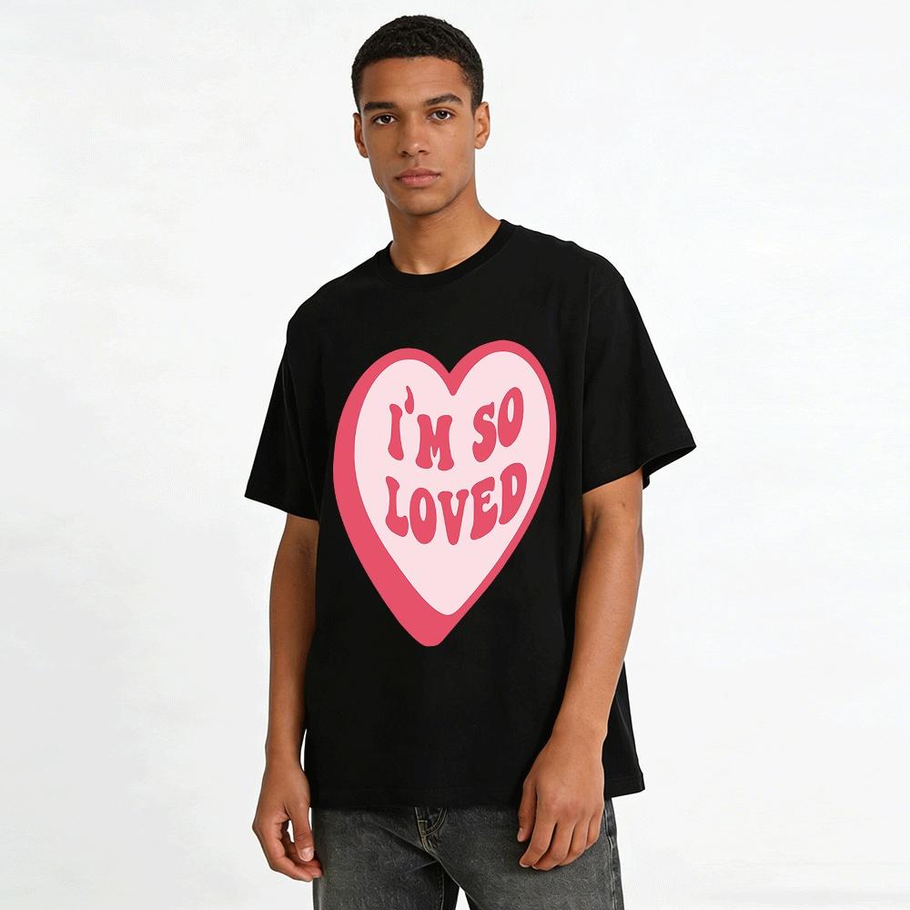 Heart Print Casual Top I'M SO LOVED Slogan Sweet Style Loose T-Shirt Pure cotton T-shirt