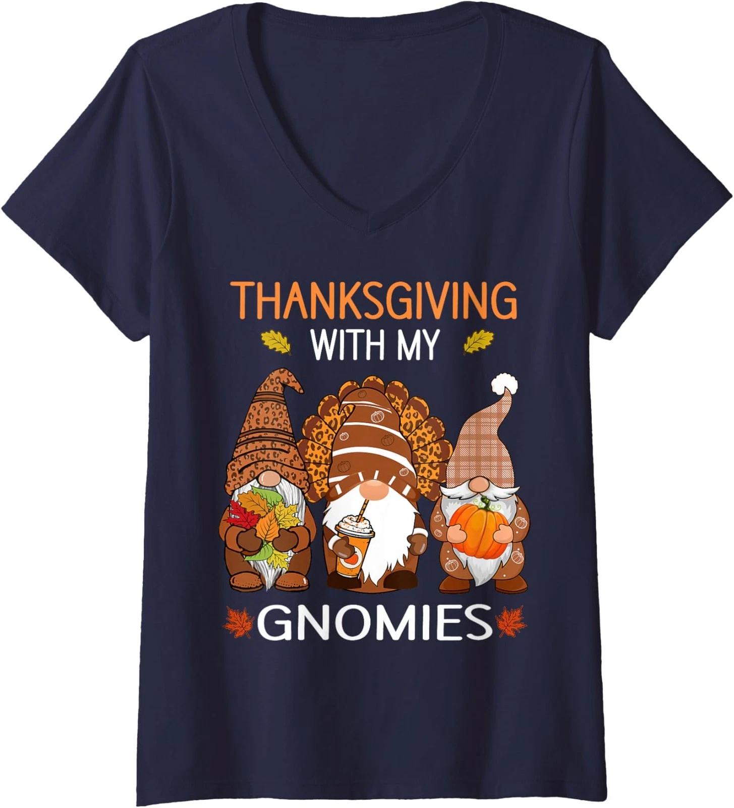 День Благодарения с моими гномами Осень Леопардовый Индейка Женская футболка с V-образным вырезом 2XL