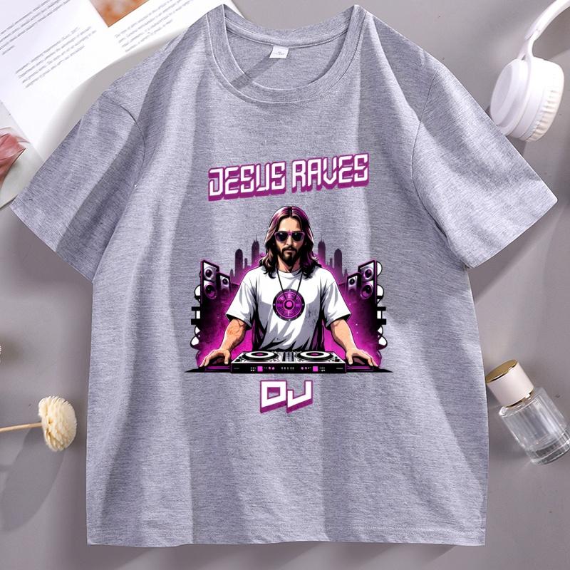 Jesus Raves DJ Graphic T Shirts Unisex Women Cotton Short Sleeve Tshirt Casual Round Neck Comfortable Tshirt Trendy Basic Tees