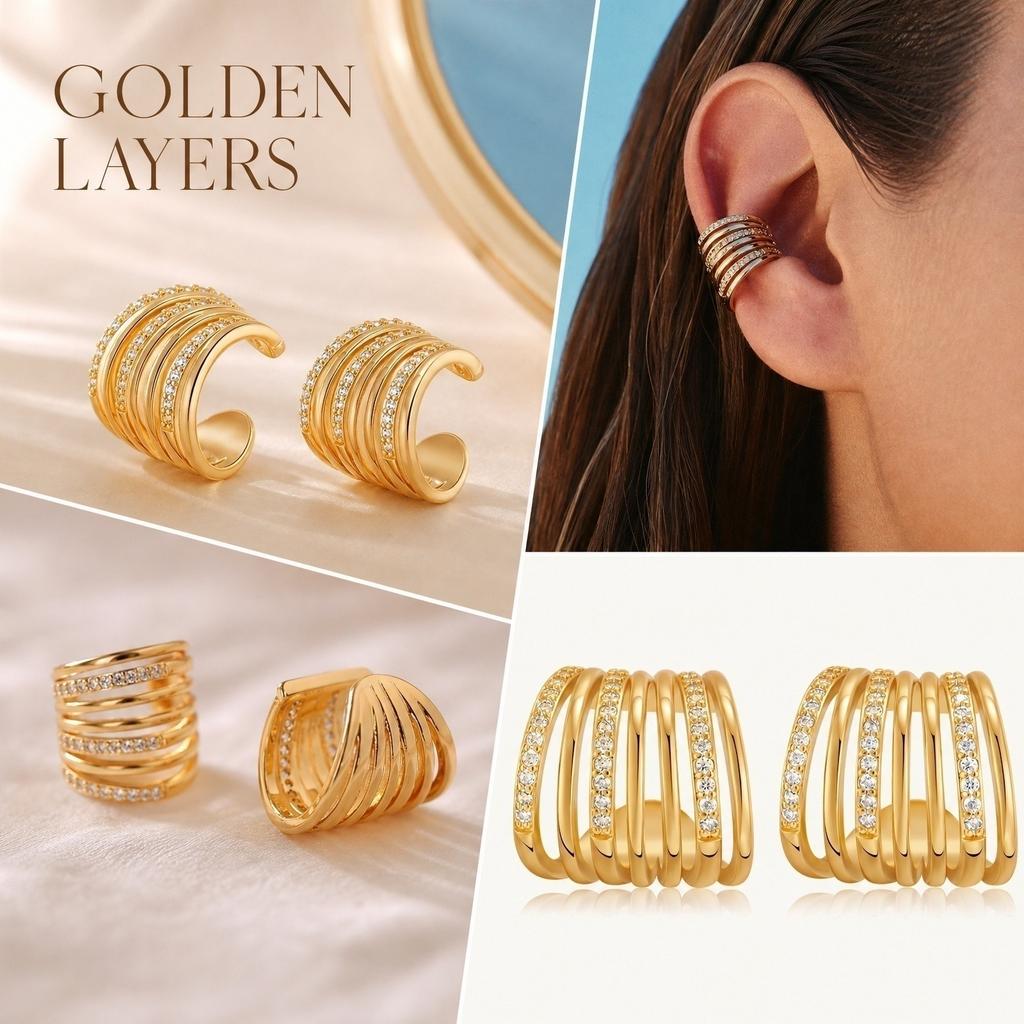 Multi-Layer Stacked Ear Cuff Clip On Earrings Adjustable Fit with Embedded Zircon Stones for Stylish Layered Look without Piercing