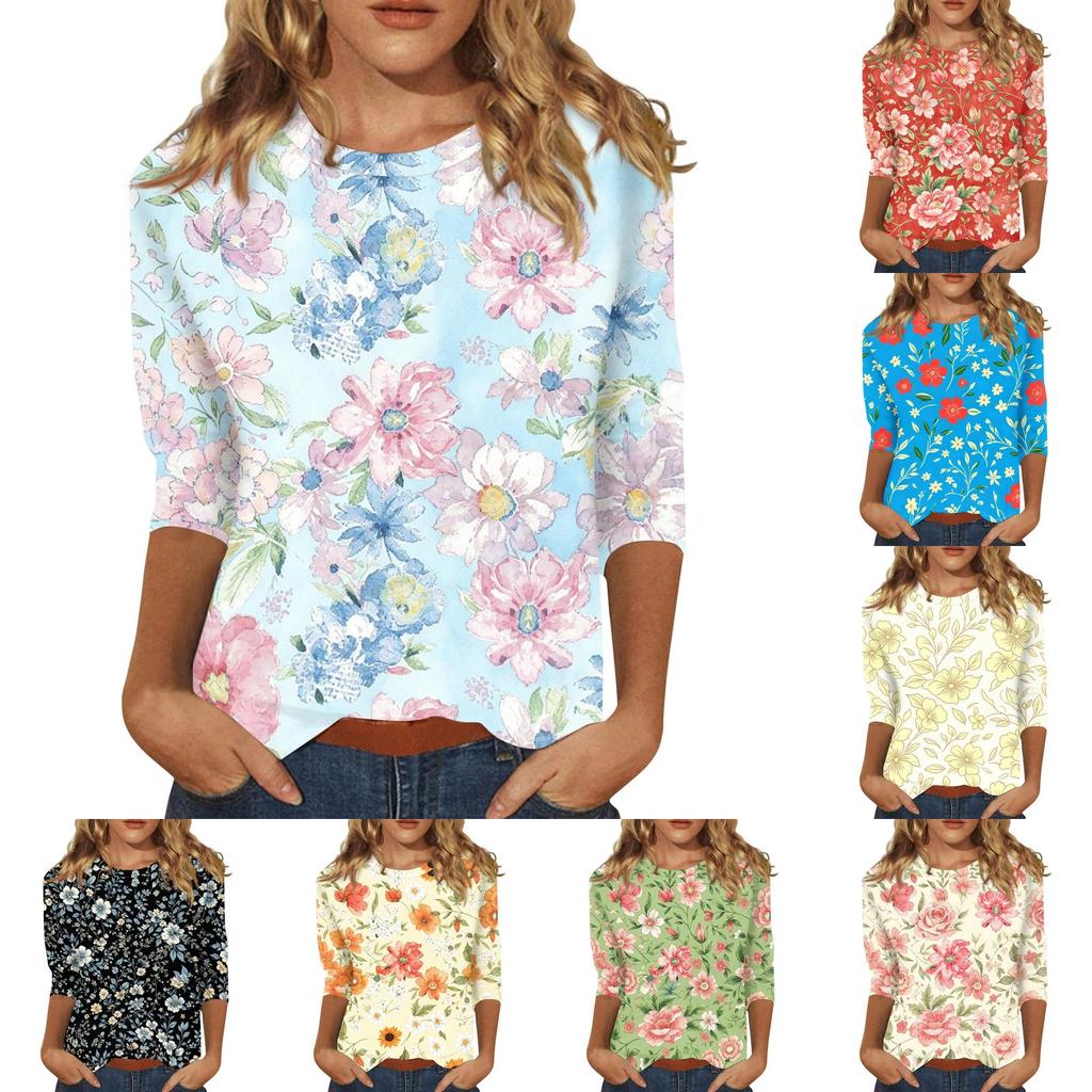 Women’s Casual Three Quarter Sleeve Floral Print Crew Neck Top Loose Fit Lightweight Comfortable Blouse for Daily Wear