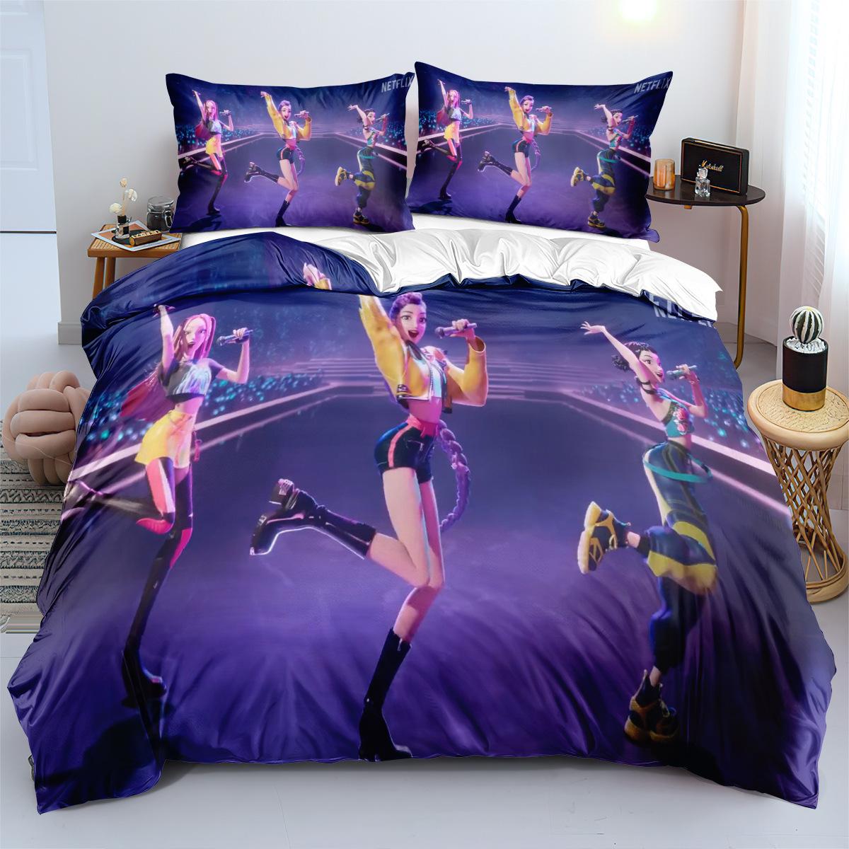 

3pcs KPop Demon Hunters Bedding Set Anime Print Boys Girls Three Piece Multi Size Quilt Cover Pillow Cover Bedroom Decoration 135x200cm