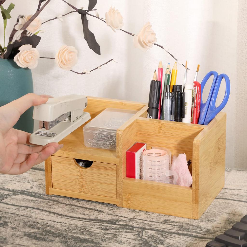 HTB Bamboo Desk Organizer Desk Accessory Storage Box Tabletop Stationery Pen Holder Office Supplies Storage Case Divider Drawer Multifunctional