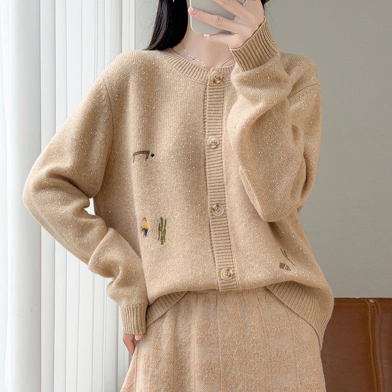 2026 Autumn/Winter Pure Wool Knit Cardigan with Lurex Cactus Embroidery