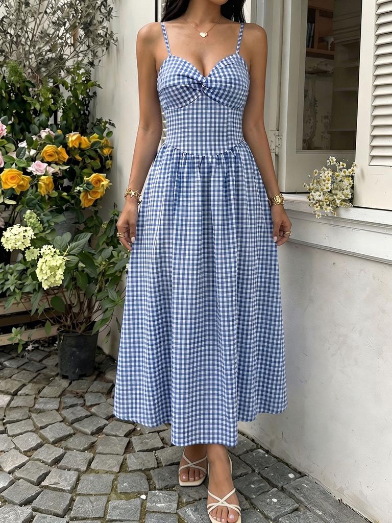 2026 Summer New European and American Women's Clothing Pastoral Temperament Plaid A Word Waist Pendulum Suspender Dress