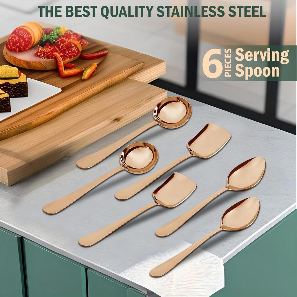 6 Pieces Stainless Steel Rose Gold Serving Spoons Set for Dining Table/Kitchen, 1.8 Mm Heavy Gauge