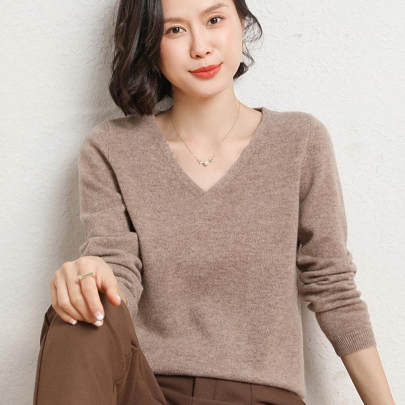 Women's V-Neck Knit Sweater Long Sleeve Loose Solid Color Pullover