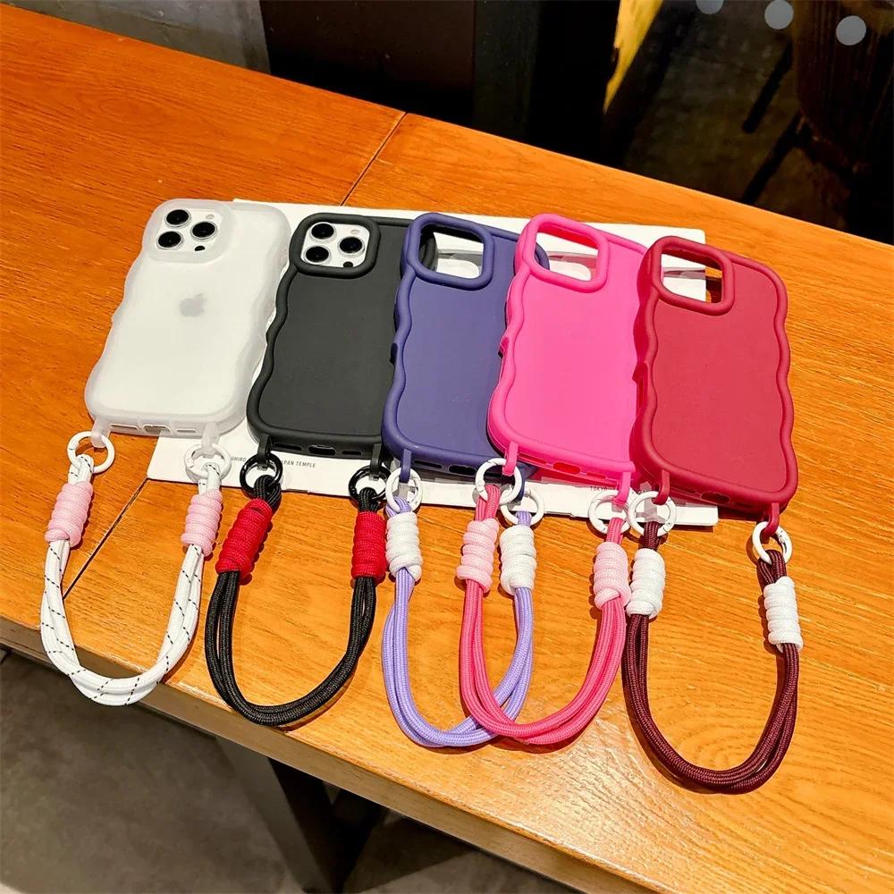 Candy Color Silicone Soft Phone Case with Wrist Strap For iPhone 16 Pro Max 15 14 13 Wave Edge Frame Protective Cover