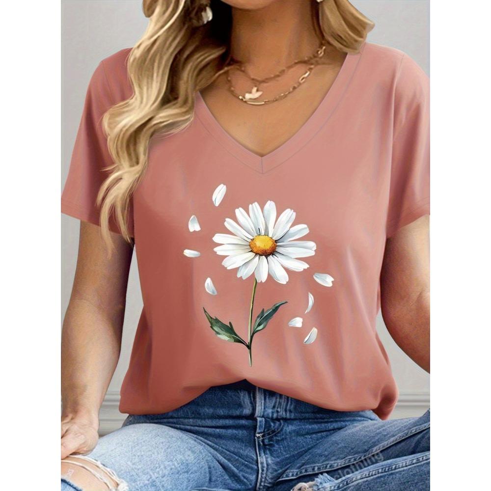 Women's V-Neck T-Shirt Flowers Print Tees Summer Short Sleeve Top Casual