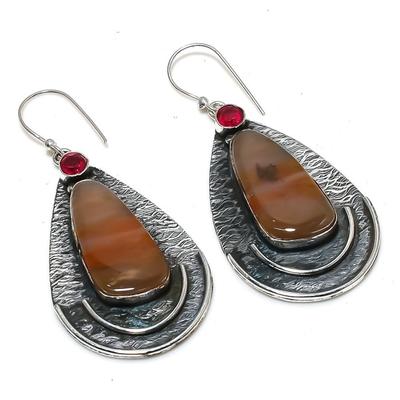 Natural Mookaite, Garnet Gemstone 925 Sterling Silver Earring 2.64" Q9j27