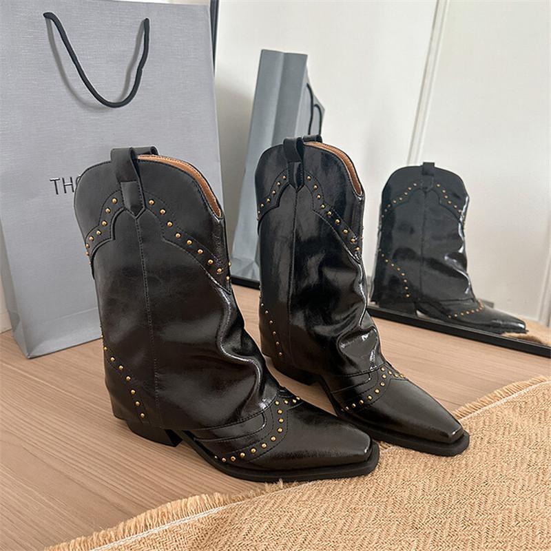 Fashion New Autumn Winter Split Leather Women Boots Fashion Rivet Western Boots for Women Mid-calf Boots Shoes Chunky Heel Botines Mujer