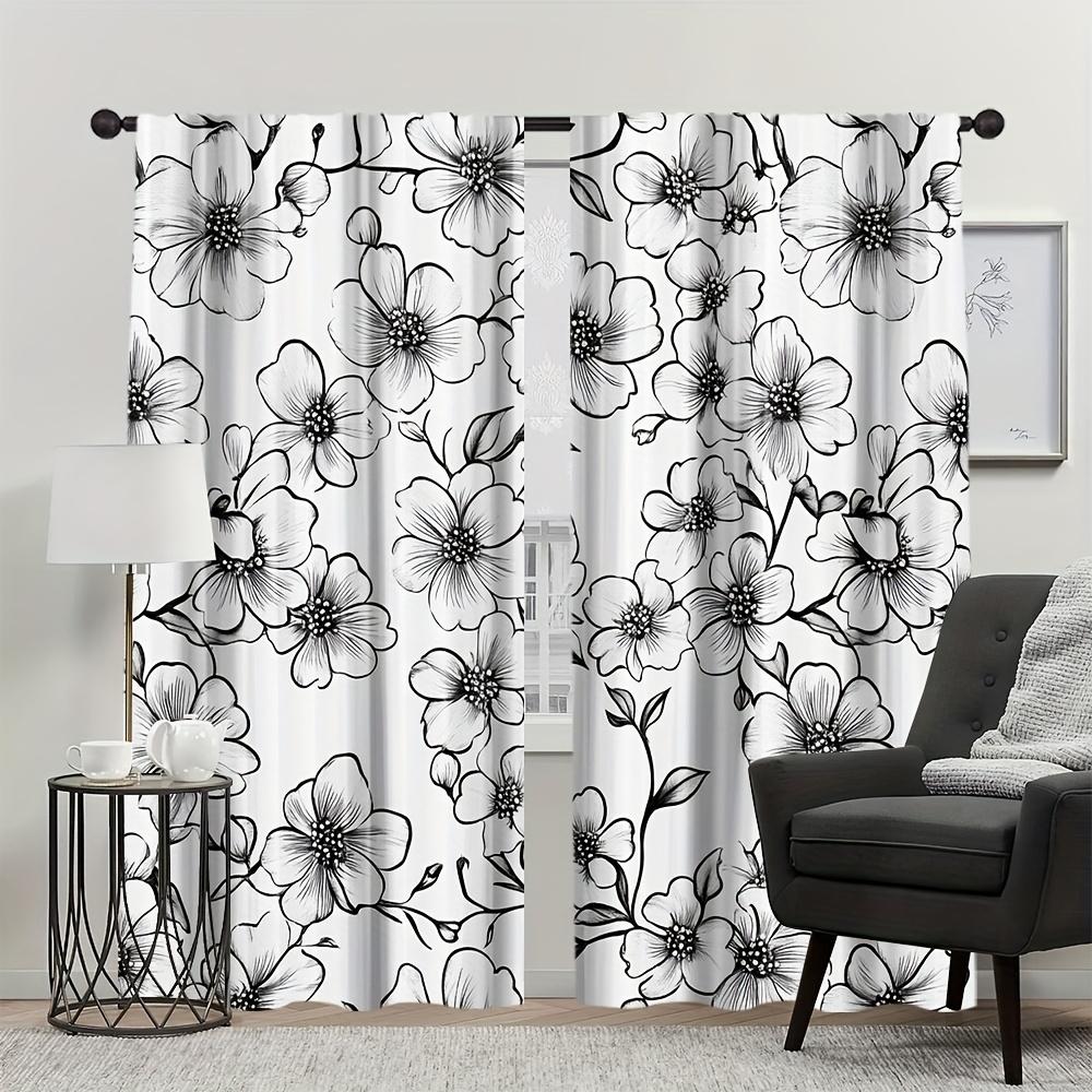 2 Pieces Black and White Floral Print Curtains   Polyester Fabric   Suitable for Bedroom   Living Room Decoration