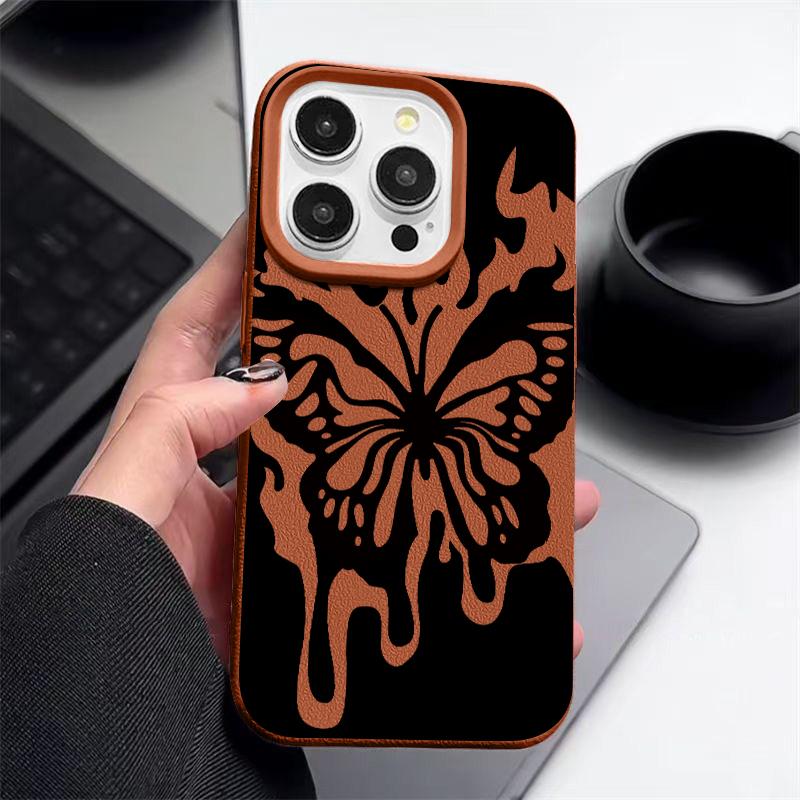 Kožené pouzdro s motýlím vzorem a texturou pro iPhone 16 Pro 15 14 13 12 Pro Max, nárazuvzdorné, matné, tenké, jednobarevné, TPU, měkké, proti pádům