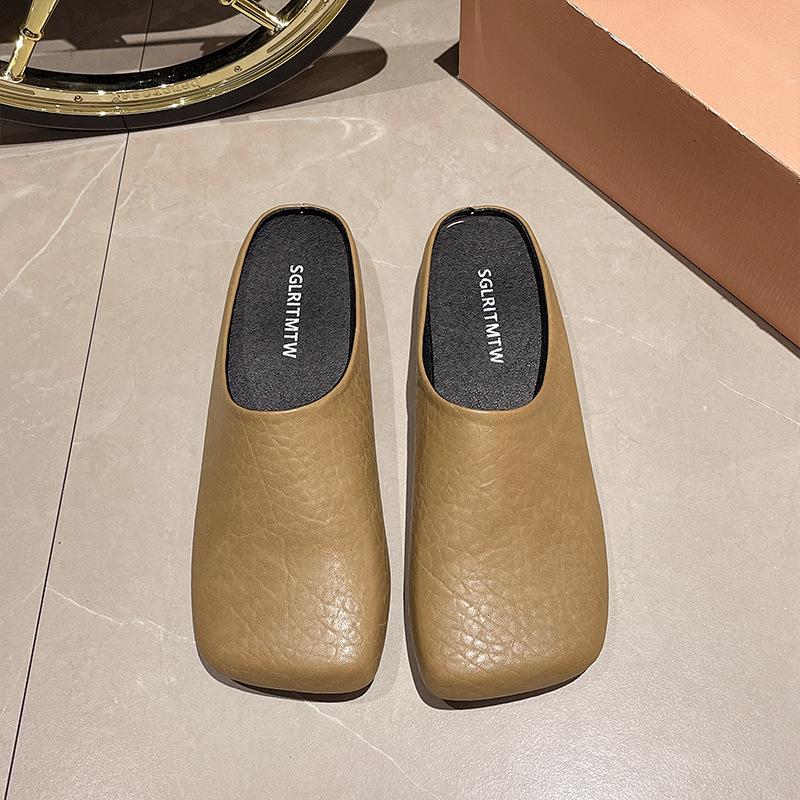 Soft Leather Version~ Baotou Half Slippers Women's 2025 New Summer Wear Lazy One-pedal Single Shoes Flat-soled Cool Slippers