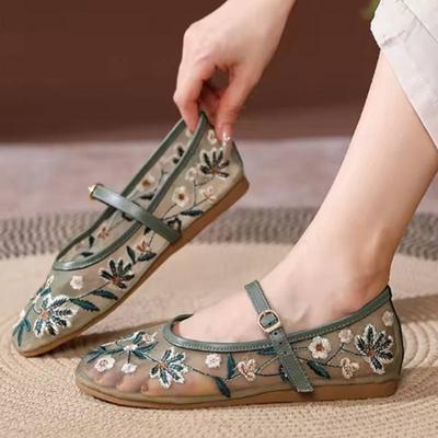 Florale Stickerei Mesh Mary Janes Schuhe Damen Transparent Elegant Ballerinas Schuhe Damen Lässige Sommer Atmungsaktive Slipper Schuhe