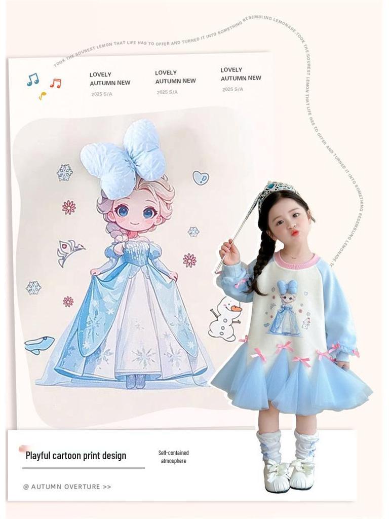 Autumn 2025 Girls' Cartoon Sweatshirt Mesh Dress with Bowknot - Sweet Baby Princess Dress