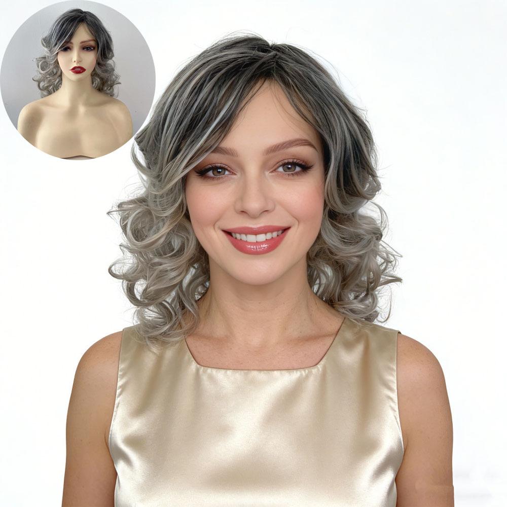 

Women Short Wave Curly Hair Synthetic Grey Wigs with Bangs Fluffy Black Gray Wigs for Lady Costume Daily Heat Resistant Fibre сірий колір