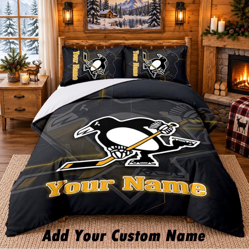 Pittsburgh Penguins Muster Bettwäsche 3-teiliges Set Benutzerdefinierter Name, Bettlaken und Kissenbezüge für Zuhause Schlafzimmer