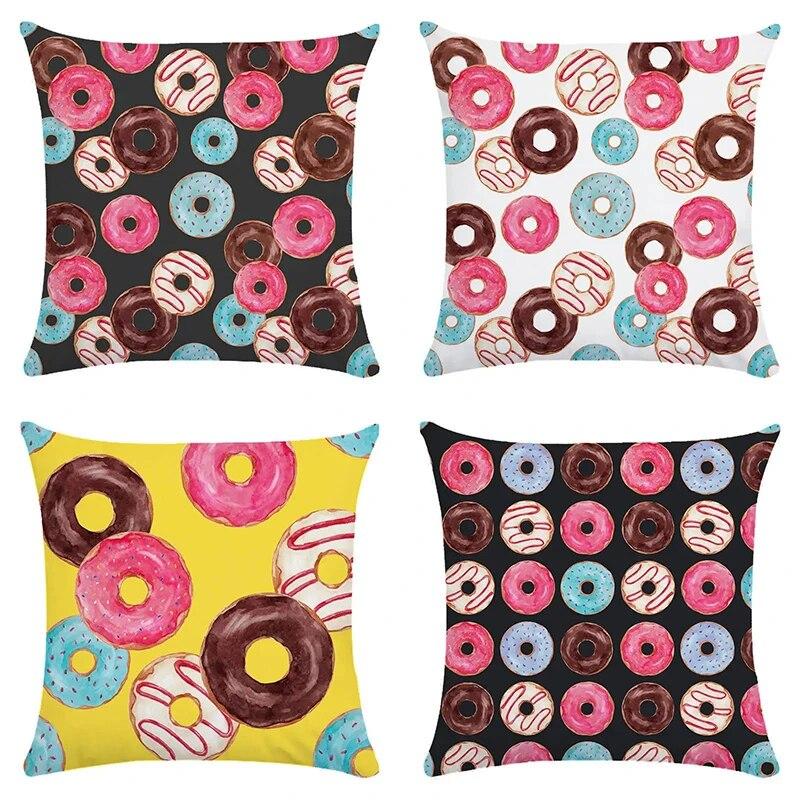 Donut Print Pillowcase Home Bedroom Living Room Sofa Cushion Cover 45x45cm Peach Skin Pillowcase