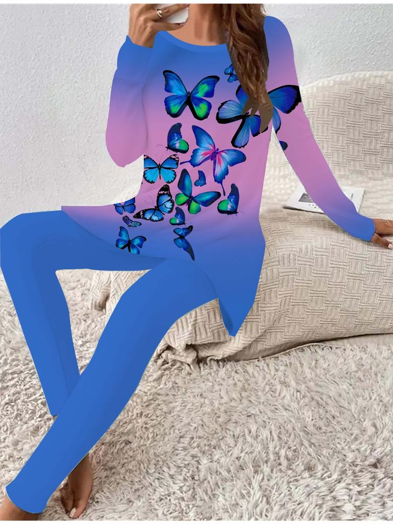 Euro-amerikanische Mode 3D Schmetterling bedrucktes Damen Vier-Jahreszeiten Langarm-T-Shirt + Lange Hose Zweiteiler. Perfektes Geschenk für Neujahr & Weihnachten