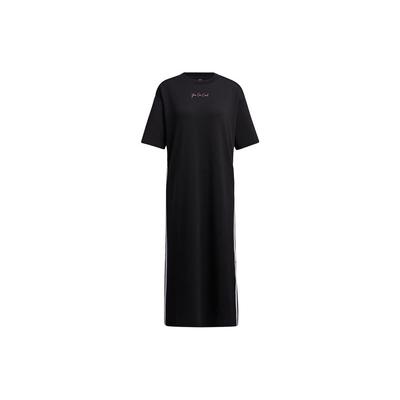 Neo Logo Print Atmungsaktiver Drei Streifen Sportpullover Rundhals Kurzarm Kleid Damenkleid Schwarz H45104
