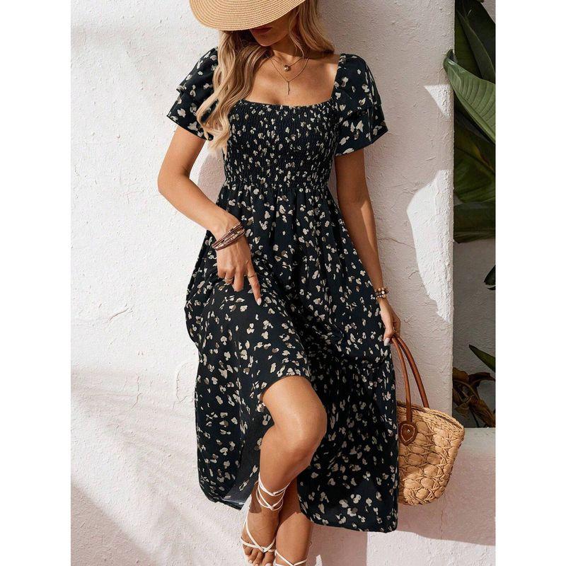 

Одежда женская для внешней торговли Мода Дофамин Новинка Платикодон крупноцветковый Французское цветочное платье Женская летняя юбка средней длины длинная Black XS