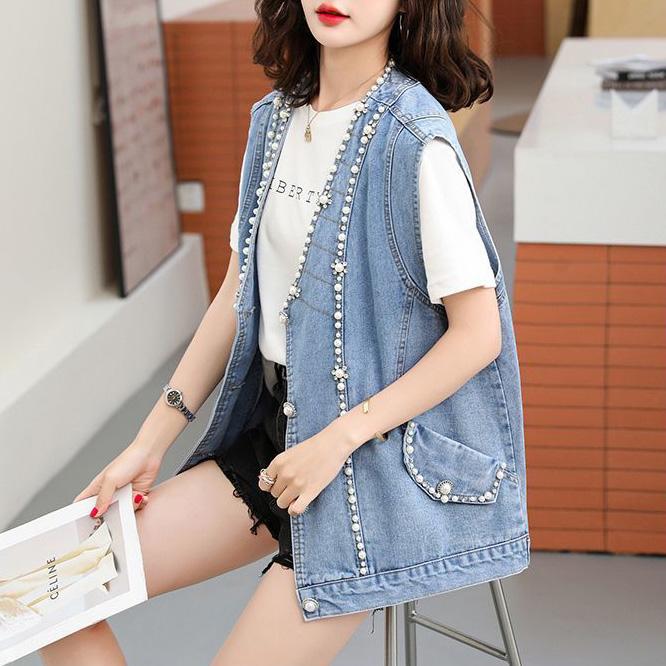 Kamizelka damska bawełniana bez rękawów topy dżinsowa kamizelka oversize casual duże kieszenie dżinsowa kamizelka