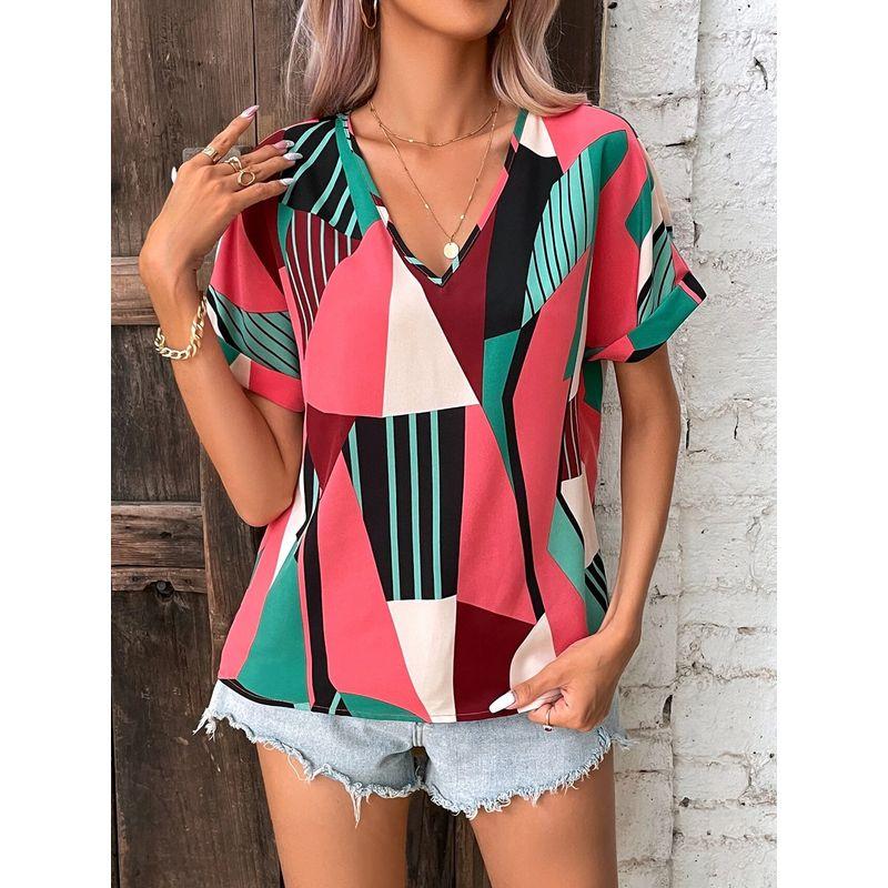 

Cross-Border European and American Amazon Fashion V Neck Asymmetrical Geometric Print Contrast Color Elegant Short Sleeve Lining Tops Shirt Pink XL