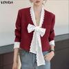 VONDA Women Casual Low Cut Neck Lace Bow Knot Long Sleeve Elegant Office Blouse