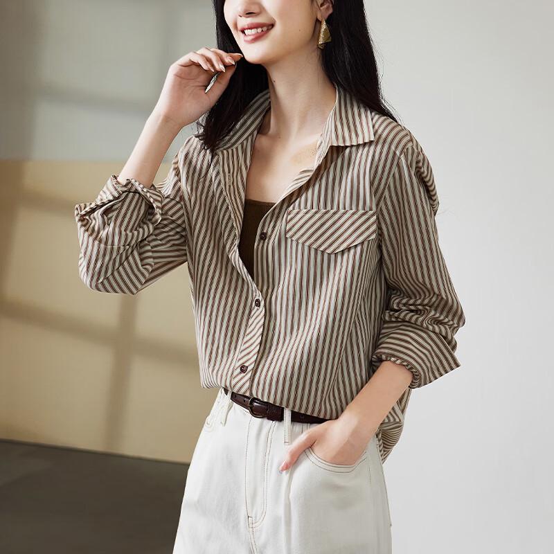 SOFSIL Women s 2026 Spring Striped Lapel Long Sleeve Shirt M