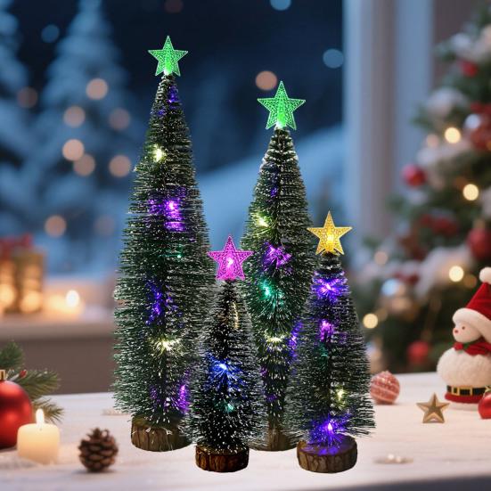 Mini Christmas Tree Small Artificial Snow Flocked Pencil Tree with LED Lights Tabletop Tree Ornaments with Wooden Base for Xmas Home Decor