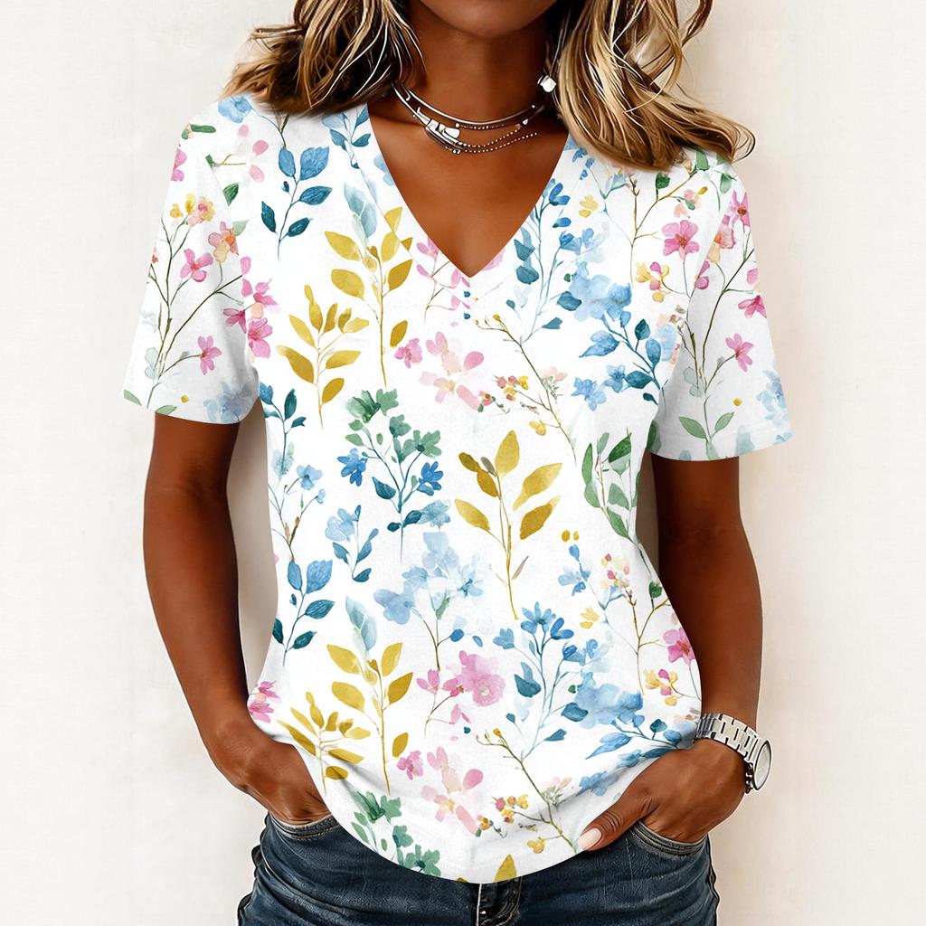 Women's fashionable casual short-sleeved floral print V-neck pullover top