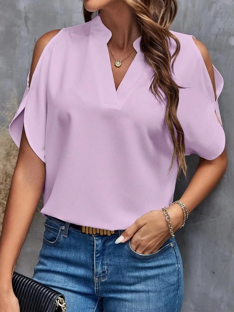 2024 Summer V-neck Off Shoulder Short Sleeve Blouse Fashion Simple Loose Women Tops Ladies Vintage Shirt 30609
