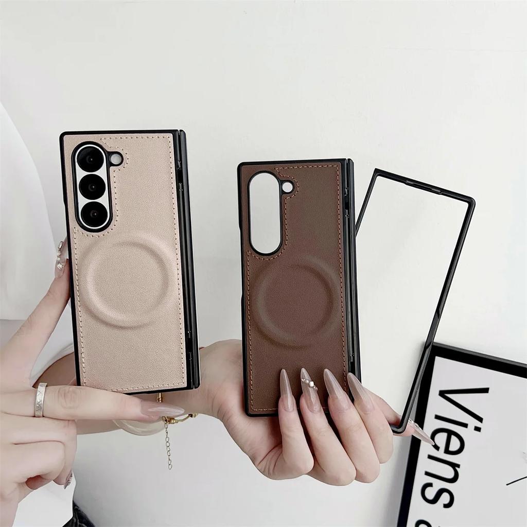 Magnetic Leather Phone Case for Samsung Galaxy Z Fold 7 6 5 4 3 Fold7 Fold6 Fold5 5G with Magsafe Protective Cover for Hinges