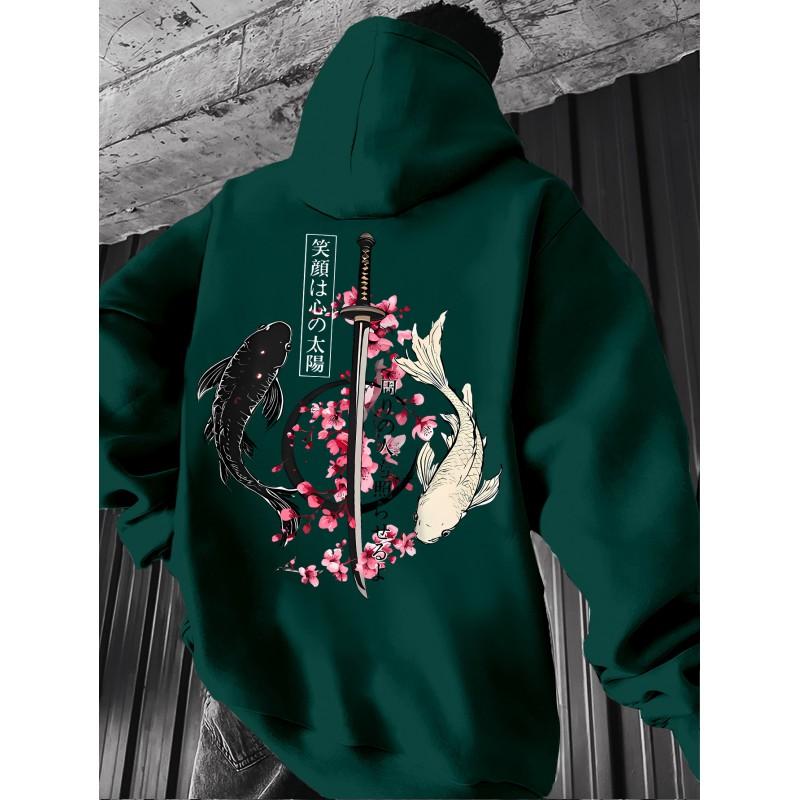 Unisex Oversized Hoodie Met Japanse Koi Zwaard Kerselbloesem Ukiyo-e Print Losse Pasvorm Streetwear