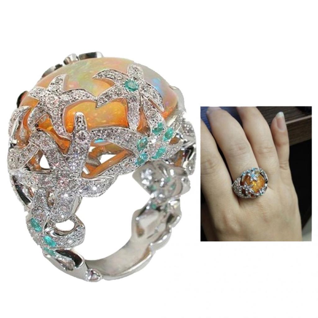 Vintage Rhinestone Starfish Faux Opal Party Banquet Jewelry Gift Finger Ring