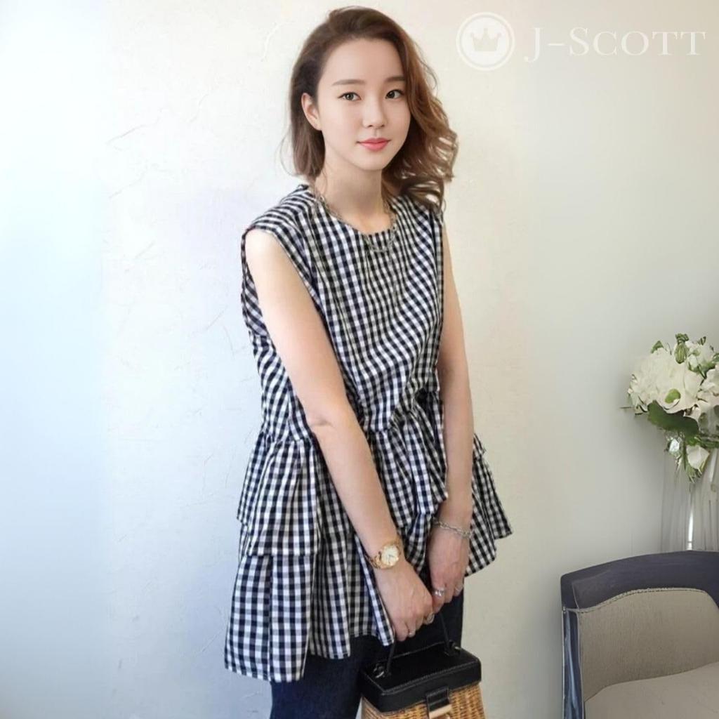 J-Scott Women's Tiered Blouse, Sleeveless, Ruffled Tunic, Round Neck, Feminine Check, JS152-CH-M
