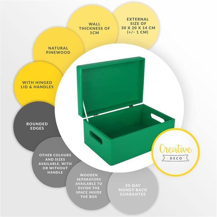 Boîte de Rangement en Bois Verte Creative Deco - 30 x 20 x 14 cm - avec Couvercle et Poignées
