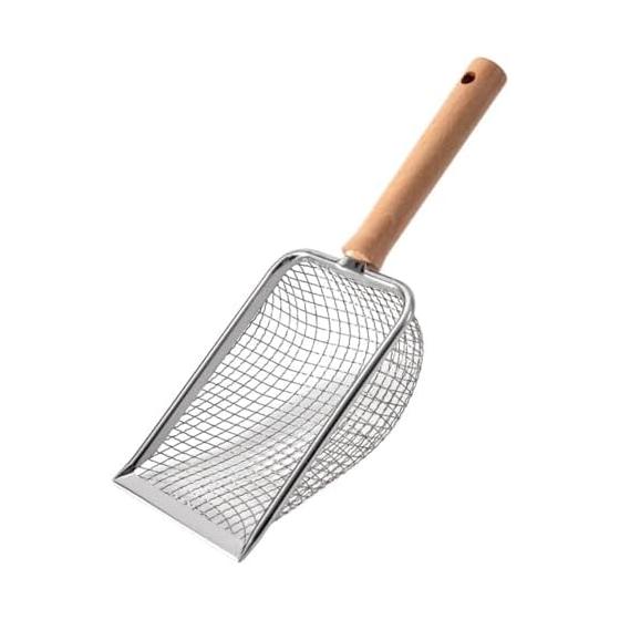 Cat Litter Scoop, Metal Cat Toilet Cleaning Goods, Cat Litter Scoop with Wooden Handle, 4.3mm Fine Hole Design, Stainless Steel, Compatible with Cat