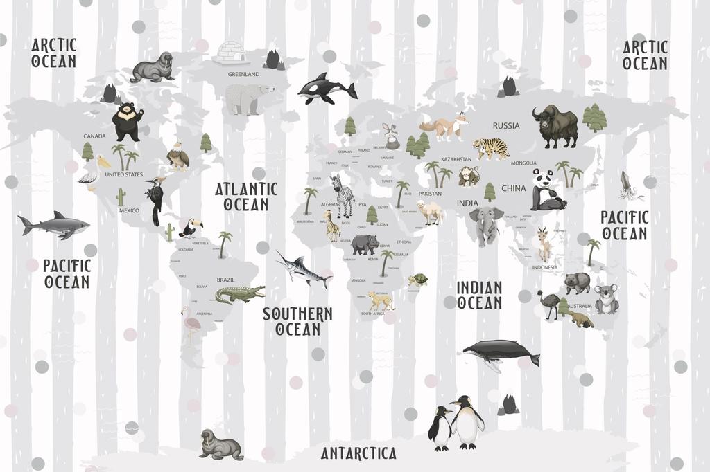 Children's photo wallpaper world map with gray stripes and animals DWK287 200x135