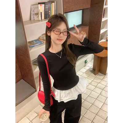 Koreanisches Design Fake zweiteiliges gerüschtes langärmeliges Unterziehshirt für Damen im Herbst und Winter gebürstet plus Samt verdickt warmes Oberteil