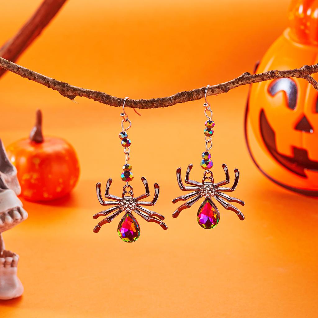 Colorful Spider Design Shiny Artificial Crystal Zircon Dangle Earring For Women Punk Insect Water Drop Earring Halloween Jewelry