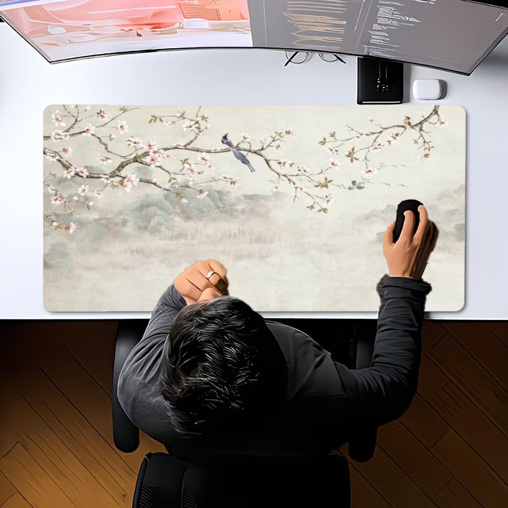 Large Chinese Ink Cherry Blossom Bird Art Mousepad XXL Non‑Slip Rubber Deskmat Pc Game Keyboard Desk Mats Mouse Mat Gamer