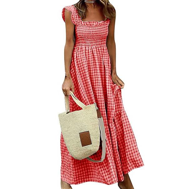 Women's Summer Retro Long Dress Spaghetti Strap Square Neck Plaid Maxi Dress Loose Big Swing Elegant Dress