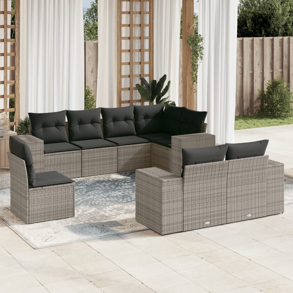 8 piece Garden Sofa Set with Cushions Grey Poly Rattan
