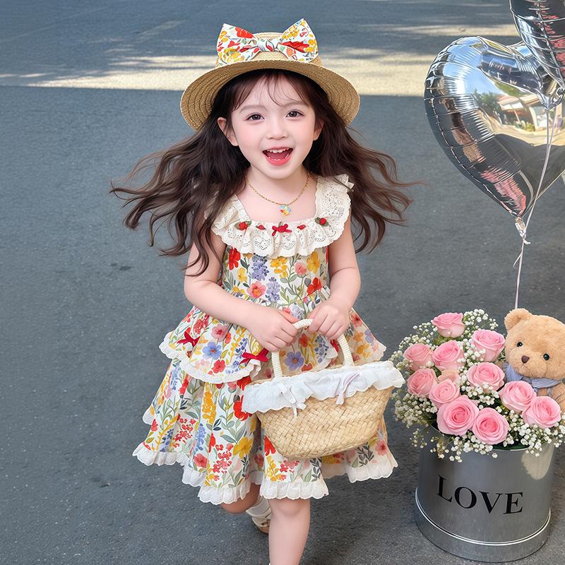 Girls' Floral Lace Princess Summer Dress - Trendy Puffy Skirt Beach Tank