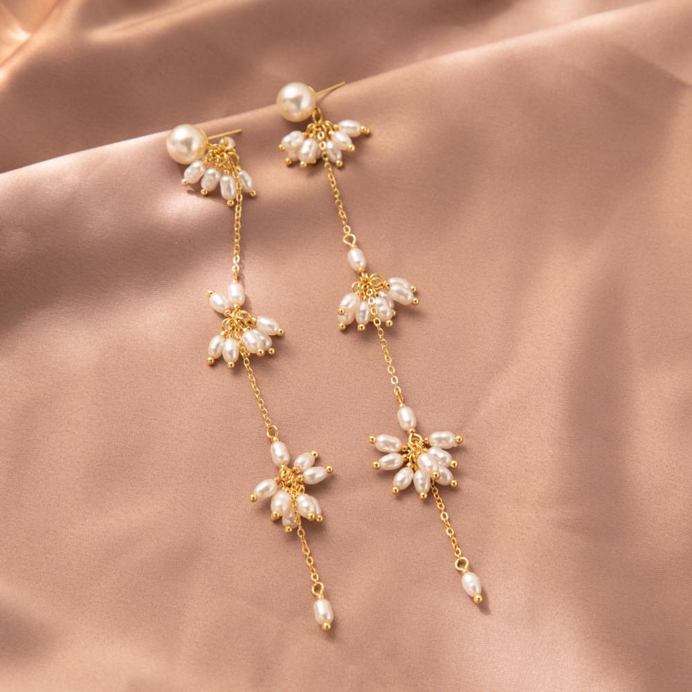Gold Plated Modern Geometric Earrings With Tassel And Chain Details