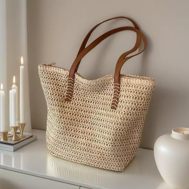 1Pcs Bohemian Summer Fashion Straw Beach Tote Bag Hand-Woven Women'S Shoulder Handbag Travel Shopper Weaving Shopping Bags